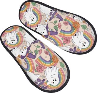 Generic Portable Cotton Slipper Cute Halloween Ghosts Rainbows House Slipper Plush Womens Slippers for Family Indoor Travel M
