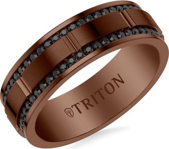 Triton 8MM Espresso Tungsten Black Sapphire Double Row Eternity Ring with Polish Center Finish and Bevel Edge in Brown at Nordstrom, Size 11.5