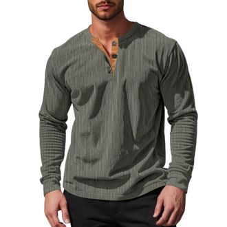 Generic Mens Corduroy Henley Shirts Long Sleeve Button Crew Neck Vintage Slim Fit Sshirts Fashion Soft Lightweight Casual Classic Work Grandad Shirt (Army Gre