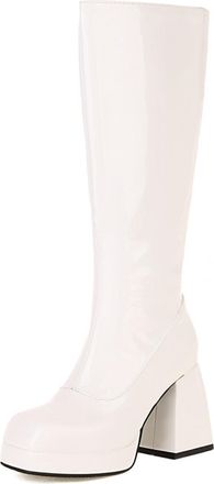 Generic Womens Knee-High Platform Block Heel Boots Square Toe Shiny Patent PU Leather Stylish Comfortable For Night Out Party And Daily Casual Wear,White,4.5 