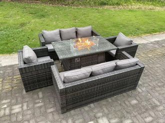 Fimous 8 Seater Rattan Garden Furniture Sofa Set Outdoor Patio Gas Fire Pit Dining Table Gas Heater Burner in Dark Grey