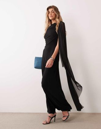 Asos abito maxi con mantella in rete e dettaglio corpetto drappeggiato nero