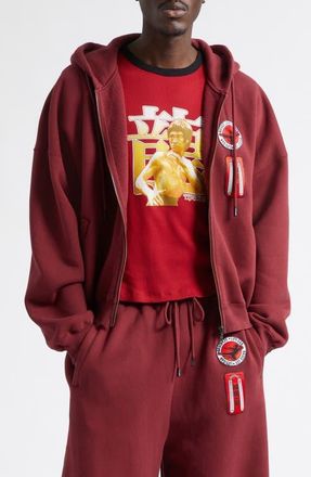 LU&rsquo;U DAN Bruce Lee Cotton Fleece Zip-Up Hoodie in Merlot at Nordstrom, Size X-Large