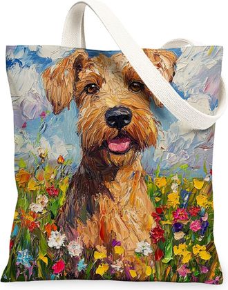 Generic Spring Airedale Terrier Dog Canvas Tote Bag for Shopping 13x15, Oil Painting Wildflower Puppy Reusable Grocery Print Pattern Bag for Women, Fun Pet Be