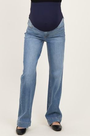 Pinkblush Wide Hem Straight Leg Maternity Jeans in Blue at Nordstrom, Size 26 X 29