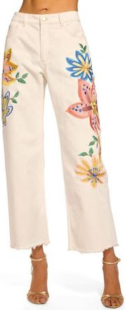 Ramy Brook Amber Flower Embroidery Straight Leg Jeans in White Embroidered at Nordstrom, Size 27