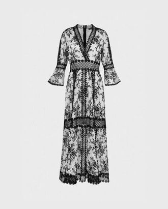 Anne Fontaine Amodio Long Floral Lace Dress in Black/white at Nordstrom, Size 36 Eu