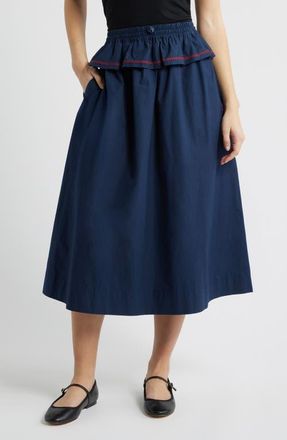 Damson Madder Sigrid Peplum Waist Midi Skirt in Navy at Nordstrom, Size 12 Us