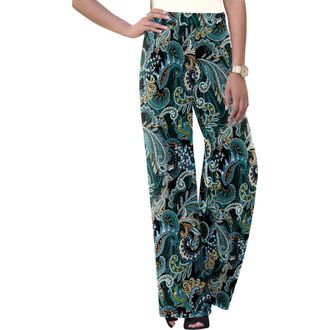 Jessica London Petite Everyday Stretch Knit Wide Leg Pant in Frost Teal Paisley at Nordstrom, Size 24Short