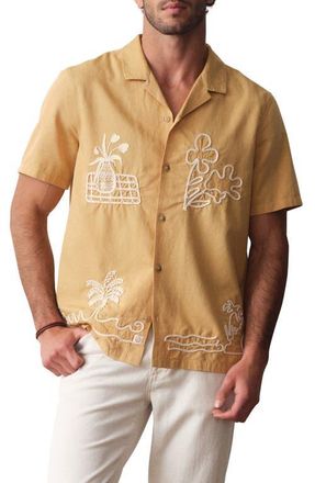 Marine Layer Embroidered Cotton & Linen Resort Shirt in Mustard at Nordstrom, Size Xx-Large
