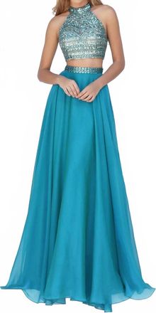 Sherri Hill 2 Piece Beaded Halter Crop Top And Chiffon Skirt Set In Jade
