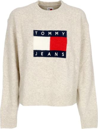 Tommy Hilfiger Melange Flag Sweater - Dames - Ronde hals truien - Beige - XS - Wol - Truien & Vesten