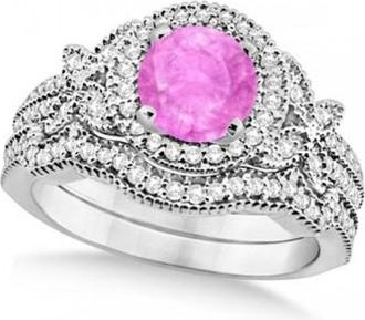 Allurez Butterfly Halo Diamond Pink Sapphire Bridal Set in 14k White Gold (1.58ct)