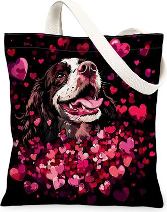Generic Valentines Day Springer Spaniel Dog Canvas Tote Bag for Shopping 13x15, Fun Heart Puppy Reusable Grocery Print Pattern Bag for Women, Lover Pet Beach 