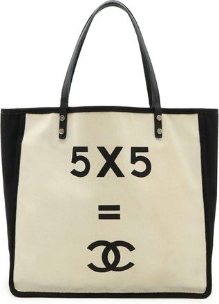 Chanel ivory Canvas Leather Shoulder Bag Tote Bag (Pre-Owned)
