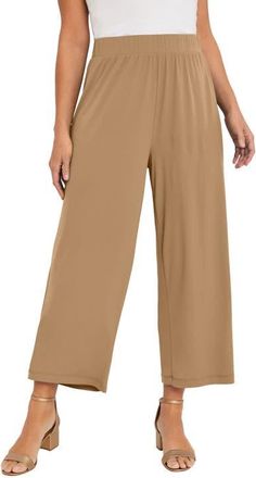 Jessica London Stretch Knit Wide Leg Crop Pant in Soft Camel at Nordstrom, Size 32
