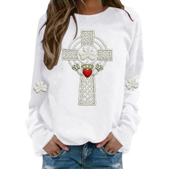 Generic St Patricks Day Sweatshirt For Women Celtic Cross Graphic Christian Faith Sweatshirt Irish Shamrock Print Pullovers Ireland Going Out Tops St Paddys D