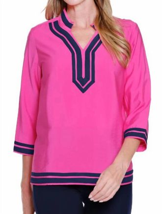 Multiples 3/4 Sleeve Notch Color With Trim Top In Bright Pink
