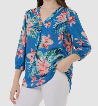 Jones New York Tunic Top Womens Blue Floral Pleated V-Neck Blouse FTS1529