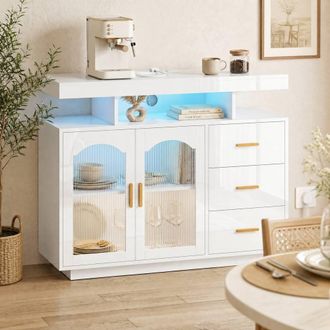 HOMCOM High Gloss Sideboard with LED Lights, Power Outlets, Drawers in White