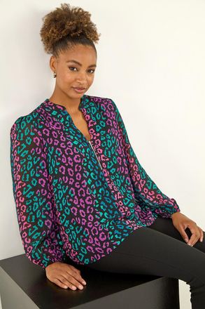 Roman Animal Print Zip Front Top