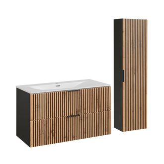 Petits Meubles Set mueble lavabo encastrado y columna estratificado marr&oacute;n negro