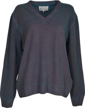 Maison Margiela Virgin Wool V-neck Sweater - Dames - V-hals truien - Blauw - L - Wol - Truien & Vesten