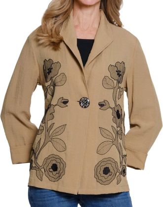 Multiples Woven Jacket With Contrast Embroidery In Tan