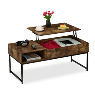 Relaxdays Mesa De Centro Abatible, Mesita Baja, 45x110x50 Cm, Compartimento Lateral Y De Almacenamiento, Metal, Marr&oacute;n - Relaxdays