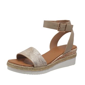 Generic 2026 Women Slippers Ladies Fashion Lines Print Open Toe Buckle Sloping Heel Thick Sole Sandals (Khaki, 4.5)