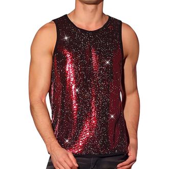 Generic Mens Shiny Sequin Vests | Glitter Sleeveless T-Shirt Crew Neck Sparkle Tank Tops Disco Gold Sequin Vests Rave Party Nightclub Sexy Metallic T-Shirt Sl