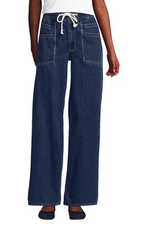 Lands End Lightweight Denim High Rise Relaxed Straight Pull On Pocket Jeans in Crawford Wash at Nordstrom, Size 4Short