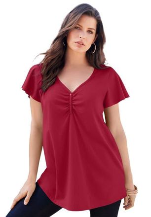 Roaman's Plus Size Cotton Ultimate Flutter Sleeve Sweetheart Tee in Classic Red at Nordstrom, Size 24