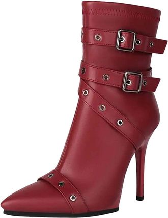 Generic Womens Sexy Ankle Boots Pointed Toe Stiletto Heel With Side Zipper And A Decorative Metal Buckle For Parties