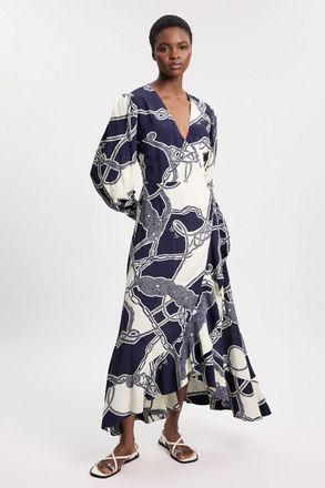 Karen Millen Womens Viscose Crepe Chain Print Long Sleeve Midi Dress - White/Navy - Size 12 UK