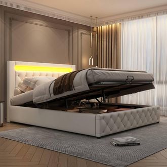 Merax White PU King Size LED Ottoman Bed Frame, Upholstered Bed 150 x 200cm
