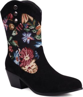 Generic Womens Floral Embroidered Mid Calf Cowboy Boots Pointed Toe Chunky Heels Comfortable Non Slip Wear Resistant Western Party Casual Shoes,Black,7.5 UK