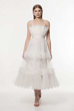 Karen Millen Womens Tulle Bandeau Tiered Midi Dress - White - Size 10 UK