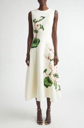 Oscar De La Renta Chin&eacute; Cyclamen Virgin Wool Blend Stretch Crepe Fit & Flare Midi Dress in White/Ivory at Nordstrom, Size 8