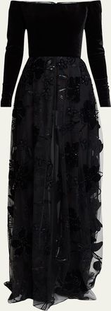 Elie Saab Off-The-Shoulder Velvet Sequined Tulle Gown
