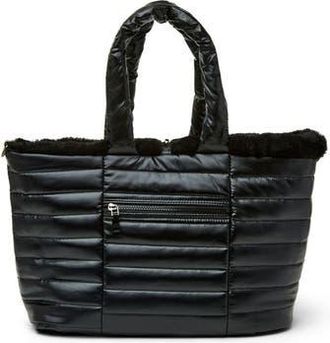 Think Royln Duplex Reversible Faux Fur Trim Tote & Pouch in Pearl Black/Black Faux Fur at Nordstrom Rack