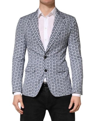 Dolce & Gabbana Mens Blue Cotton Patterned Single Breasted Blazer Virgin Wool Clothing