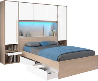 Vente-Unique Cama con almacenamiento 140 x 190 cm - Con LEDs - Color: natural y blanco brillante - VELONA