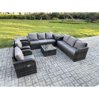 Fimous High Back Rattan Garden Furniture Set with Square Coffee Table 2 Side Tables Indoor Outdoor Patio Lounge Sofa Set Dark Grey Mixed - Fimous