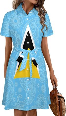 Generic Saint Lucia Paisley Flag Womens Shirt Dress Mini Collared Short Sleeve Tunic Blouses Sundress