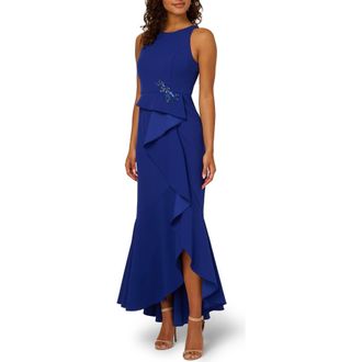 Adrianna Papell Beaded Appliqu&eacute; Ruffle Crepe Gown in Royal Sapphire at Nordstrom, Size 14