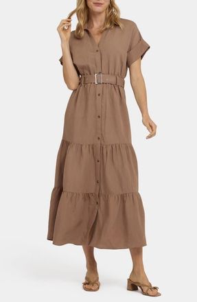 NYDJ Tiered Linen Blend Shirtdress in Toasted Coconut at Nordstrom, Size Xx-Small