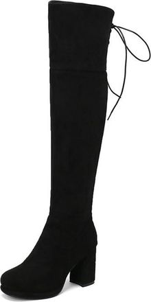 Generic Womens Round Toe Block Heels Over The Knee Boots Elastic Lace Up Wide Calf Thigh High Warm Winter Shoes with Zip (Black,7.5)