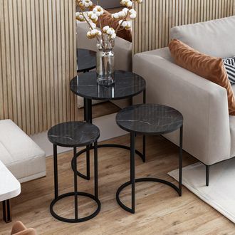 Dmora Mesas De Centro Daiano, Set De 3 Piezas, Forma Redonda, Tablero De Madera Noble, 50x50x58h Cm Negro
