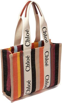 Chlo&eacute; Womens Signature Logo Striped Linen Tote Beige With Leather
